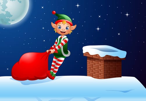 Cartoon elf pulling a bag full of gifts on the roof top