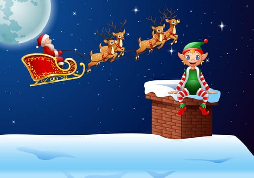 Christmas background with Santa Clause riding his reindeer sleight
