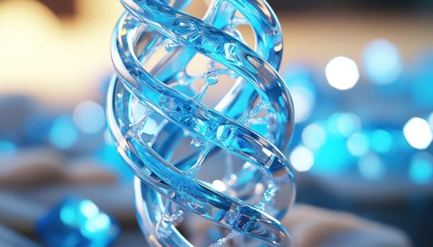 designer symbolic image of a DNA helix made of glass and metal on a blurred background. copy space .Generative AI