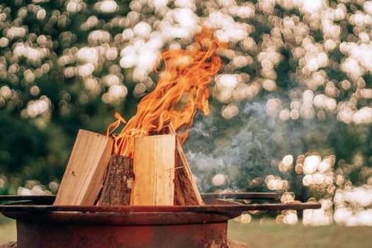 Metal hearth with burning wood in nature on background of garden. Fire in open hearth . Calm and serenity. Nature reserves. Environmental protection. Vacation in country.