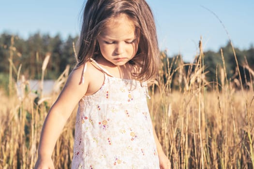 Portrait of charming little girl in light sundress made of natural fabric on summer day in field among tall cereals. Summer holidays in village. Children's emotions. Happy childhood.