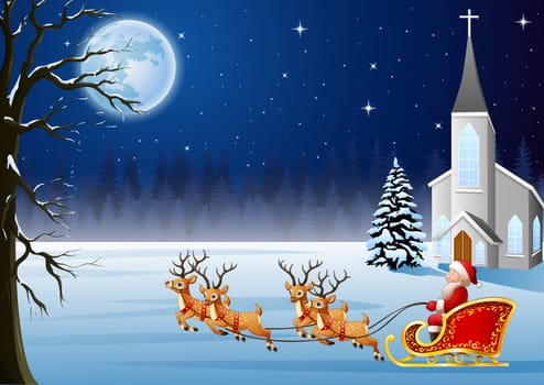 Christmas background with Santa Clause riding his reindeer sleight