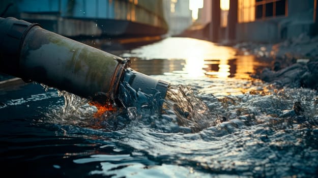 Dirty water pouring into the river from sewer pipe. Factories polluting water, environment problems.Dirty water discharged into river.AI generated