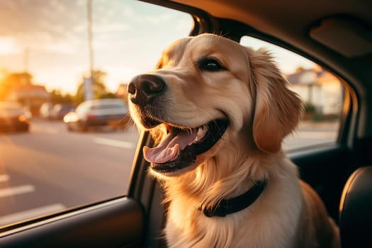 A happy dog traveling in the car.AI generated