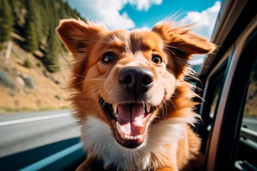 Happy dog looking out of car window.AI generated