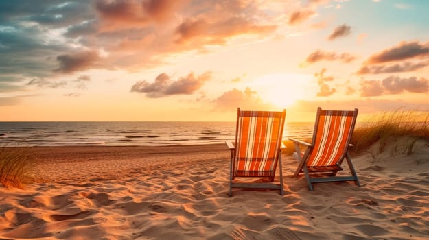 Empty beach chairs on a sandy beach, amazing scenery with setting sun. Empty beach loungers on summer holiday in tropical paradise island.AI generated
