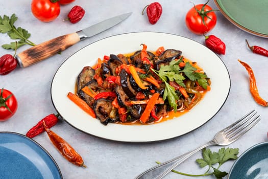 Vegetable saute with eggplant. Vegetarian food.