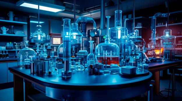 Medical research laboratory with glassware with biochemicals on the desk. Scientific Lab Biotechnology Development Center Full of High-Tech Equipment.Science concept. AI generated