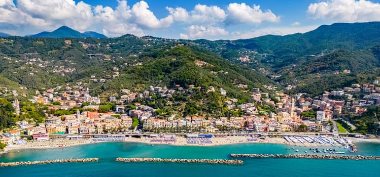 Aerial view of Moneglia, a tourist resort on the Riviera di Levante, Liguria, Italy