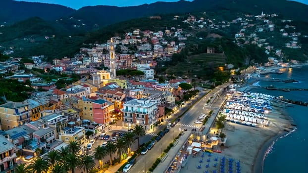 Aerial view of Moneglia, a tourist resort on the Riviera di Levante, Liguria, Italy