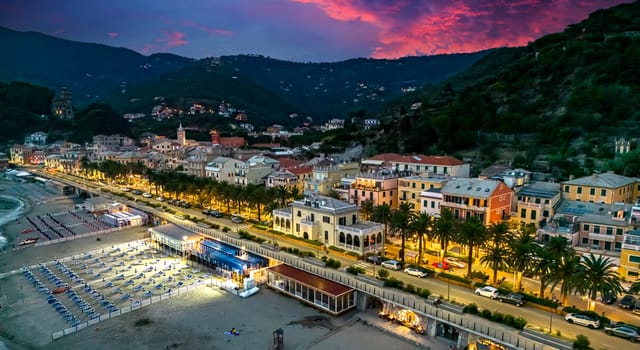 Aerial view of Moneglia, a tourist resort on the Riviera di Levante, Liguria, Italy