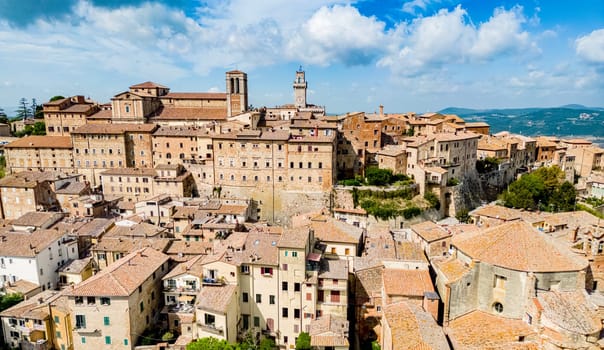 Aerial view of Montepulciano, a medieval and Renaissance hill town in the Italian province of Siena in southern Tuscany, Italy