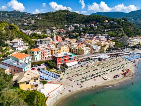 Aerial view of Moneglia, a tourist resort on the Riviera di Levante, Liguria, Italy