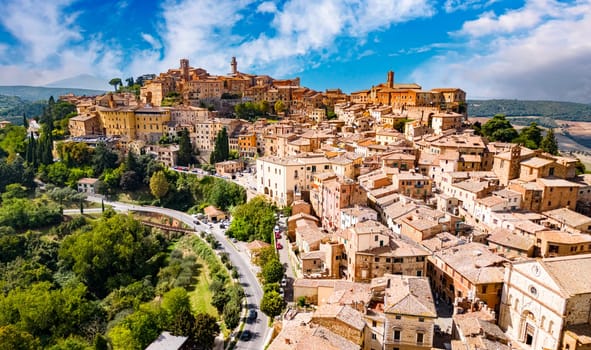 Aerial view of Montepulciano, a medieval and Renaissance hill town in the Italian province of Siena in southern Tuscany, Italy