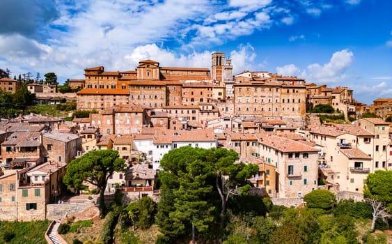 Aerial view of Montepulciano, a medieval and Renaissance hill town in the Italian province of Siena in southern Tuscany, Italy