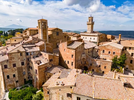 Aerial view of Montepulciano, a medieval and Renaissance hill town in the Italian province of Siena in southern Tuscany, Italy