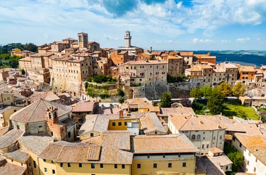 Aerial view of Montepulciano, a medieval and Renaissance hill town in the Italian province of Siena in southern Tuscany, Italy