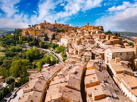 Aerial view of Montepulciano, a medieval and Renaissance hill town in the Italian province of Siena in southern Tuscany, Italy