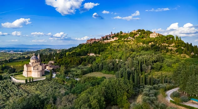 Aerial view of Montepulciano, a medieval and Renaissance hill town in the Italian province of Siena in southern Tuscany, Italy