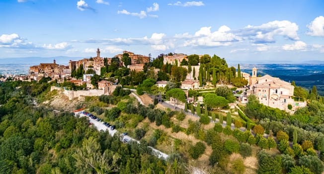 Aerial view of Montepulciano, a medieval and Renaissance hill town in the Italian province of Siena in southern Tuscany, Italy