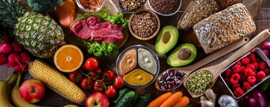A variety of food products representing balanced diet