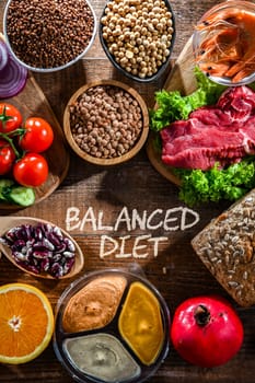 A variety of food products representing balanced diet