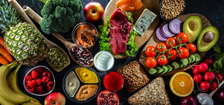 A variety of food products representing balanced diet