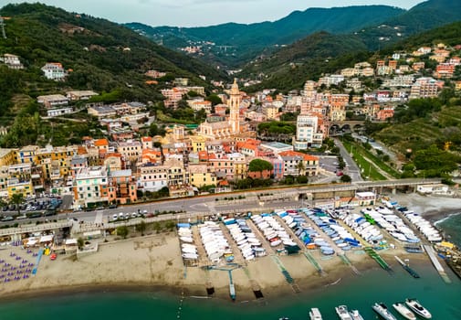 Aerial view of Moneglia, a tourist resort on the Riviera di Levante, Liguria, Italy