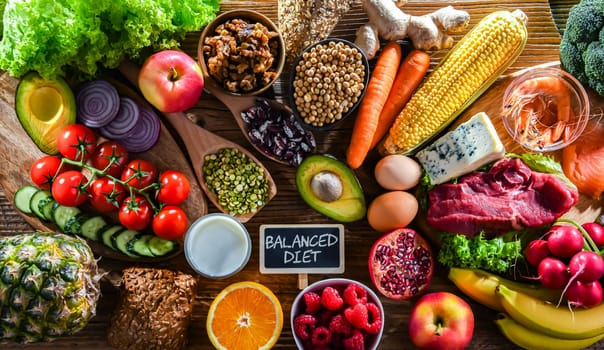 A variety of food products representing balanced diet