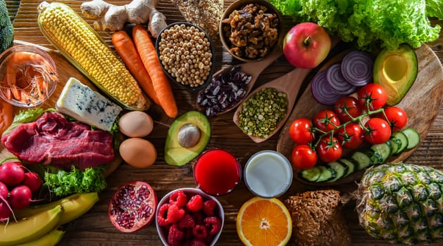 A variety of food products representing balanced diet