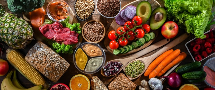 A variety of food products representing balanced diet