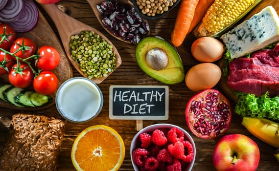 A variety of food products representing balanced diet