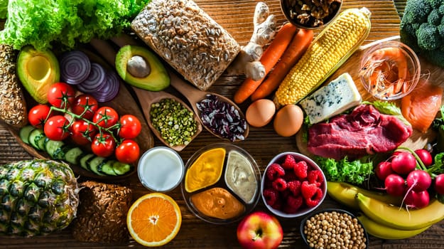 A variety of food products representing balanced diet
