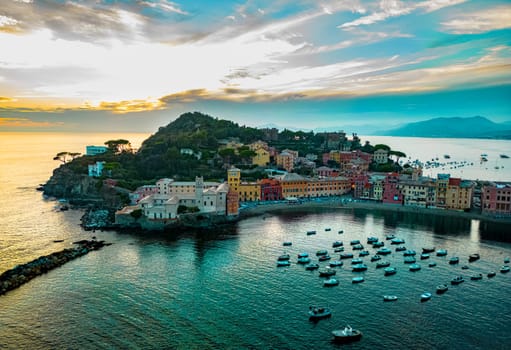 Aerial view of the Bay of Silence in Sestri Levante, Liguria, Italy