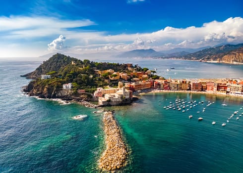 Aerial view of the Bay of Silence in Sestri Levante, Liguria, Italy