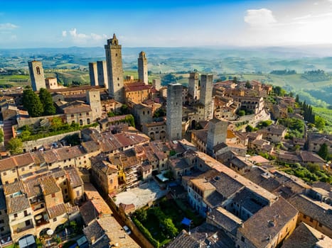 Aerial view of San Gimignano, a walled medieval hill town in the province of Siena, Tuscany, Italy