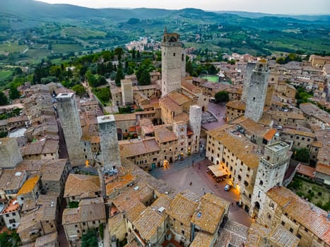 Aerial view of San Gimignano, a walled medieval hill town in the province of Siena, Tuscany, Italy