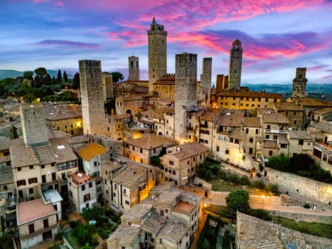 Aerial view of San Gimignano, a walled medieval hill town in the province of Siena, Tuscany, Italy