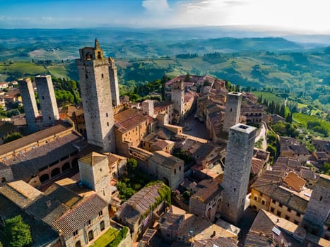 Aerial view of San Gimignano, a walled medieval hill town in the province of Siena, Tuscany, Italy