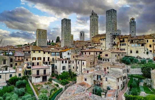 Aerial view of San Gimignano, a walled medieval hill town in the province of Siena, Tuscany, Italy