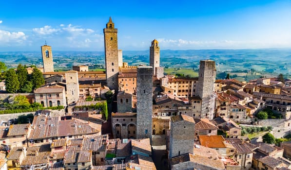 Aerial view of San Gimignano, a walled medieval hill town in the province of Siena, Tuscany, Italy