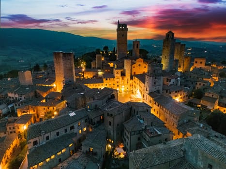 Aerial view of San Gimignano, a walled medieval hill town in the province of Siena, Tuscany, Italy