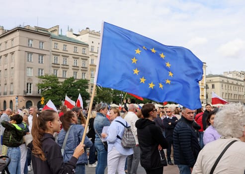 Cracow, Poland - October 1, 2023: Million Hearts March in Krakow. Crowds of Poles march through the streets of Krakow protesting against PiS's rule