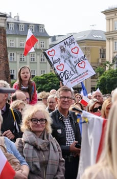 Cracow, Poland - October 1, 2023: Million Hearts March in Krakow. Crowds of Poles march through the streets of Krakow protesting against PiS's rule