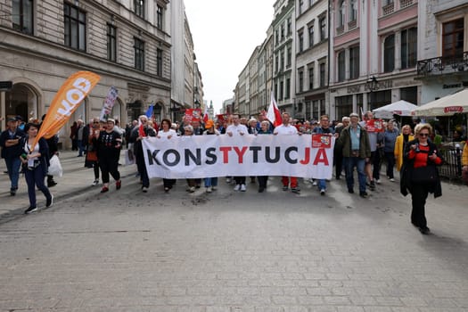 Cracow, Poland - October 1, 2023: Million Hearts March in Krakow. Crowds of Poles march through the streets of Krakow protesting against PiS's rule
