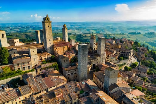 Aerial view of San Gimignano, a walled medieval hill town in the province of Siena, Tuscany, Italy