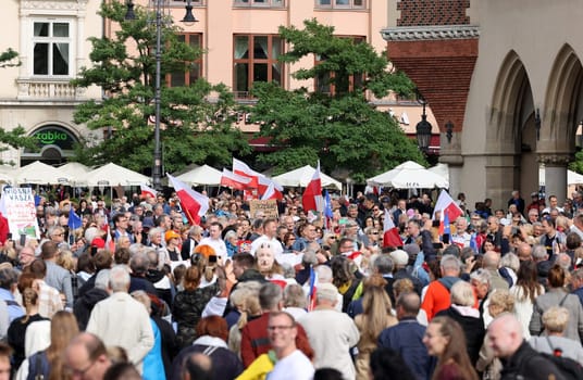 Cracow, Poland - October 1, 2023: Million Hearts March in Krakow. Crowds of Poles march through the streets of Krakow protesting against PiS's rule
