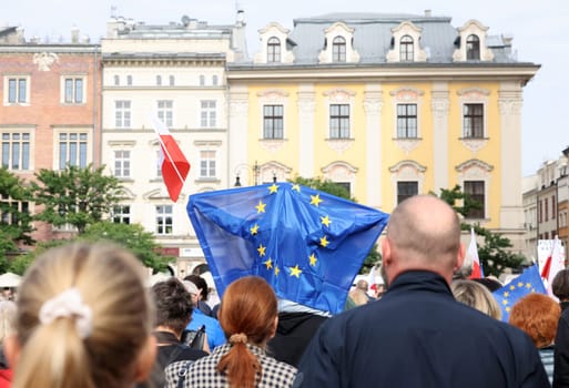 Cracow, Poland - October 1, 2023: Million Hearts March in Krakow. Crowds of Poles march through the streets of Krakow protesting against PiS's rule
