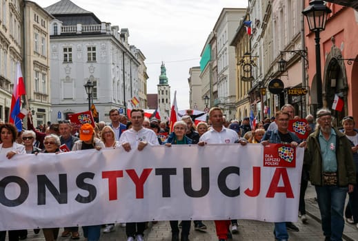 Cracow, Poland - October 1, 2023: Million Hearts March in Krakow. Crowds of Poles march through the streets of Krakow protesting against PiS's rule