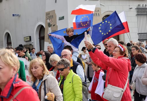 Cracow, Poland - October 1, 2023: Million Hearts March in Krakow. Crowds of Poles march through the streets of Krakow protesting against PiS's rule